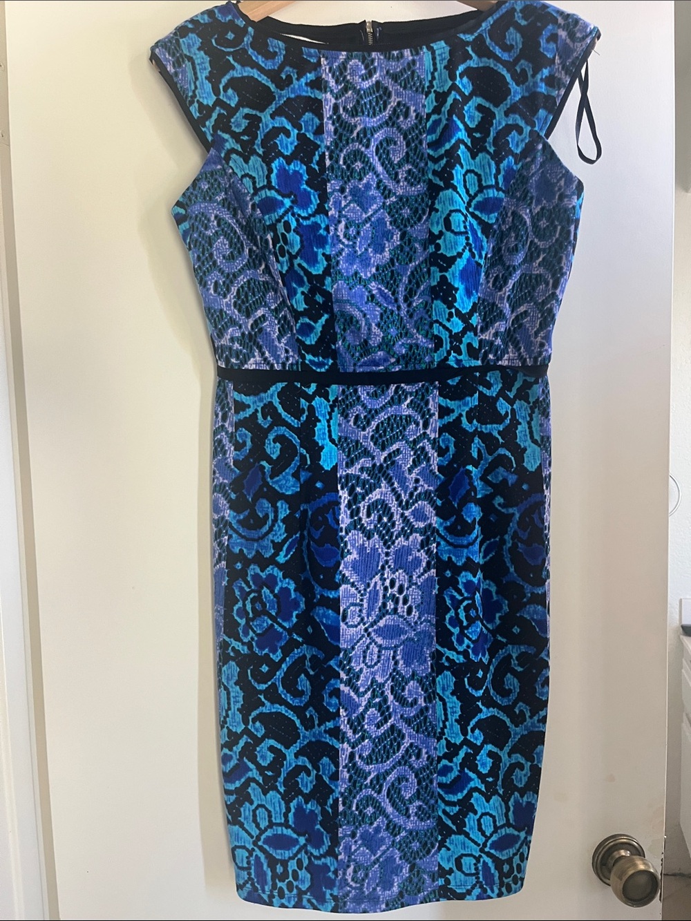 Maggy London Blue and Purple Floral Midi Sheath Dress